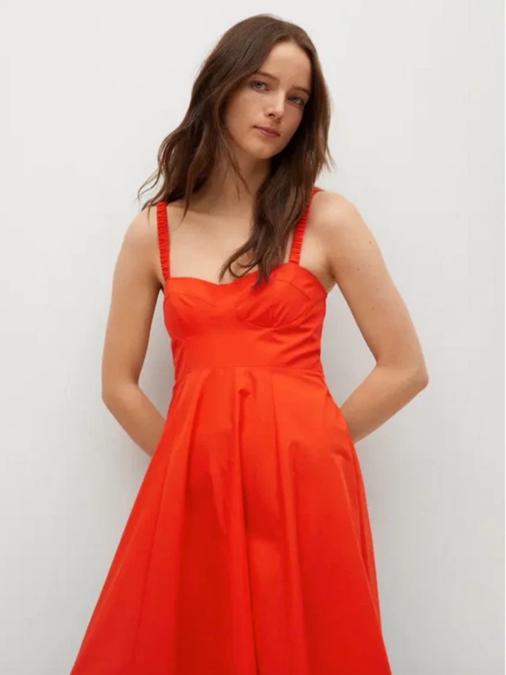 Mango 100% Cotton Sweetheart Neckline Red Flounce Dress